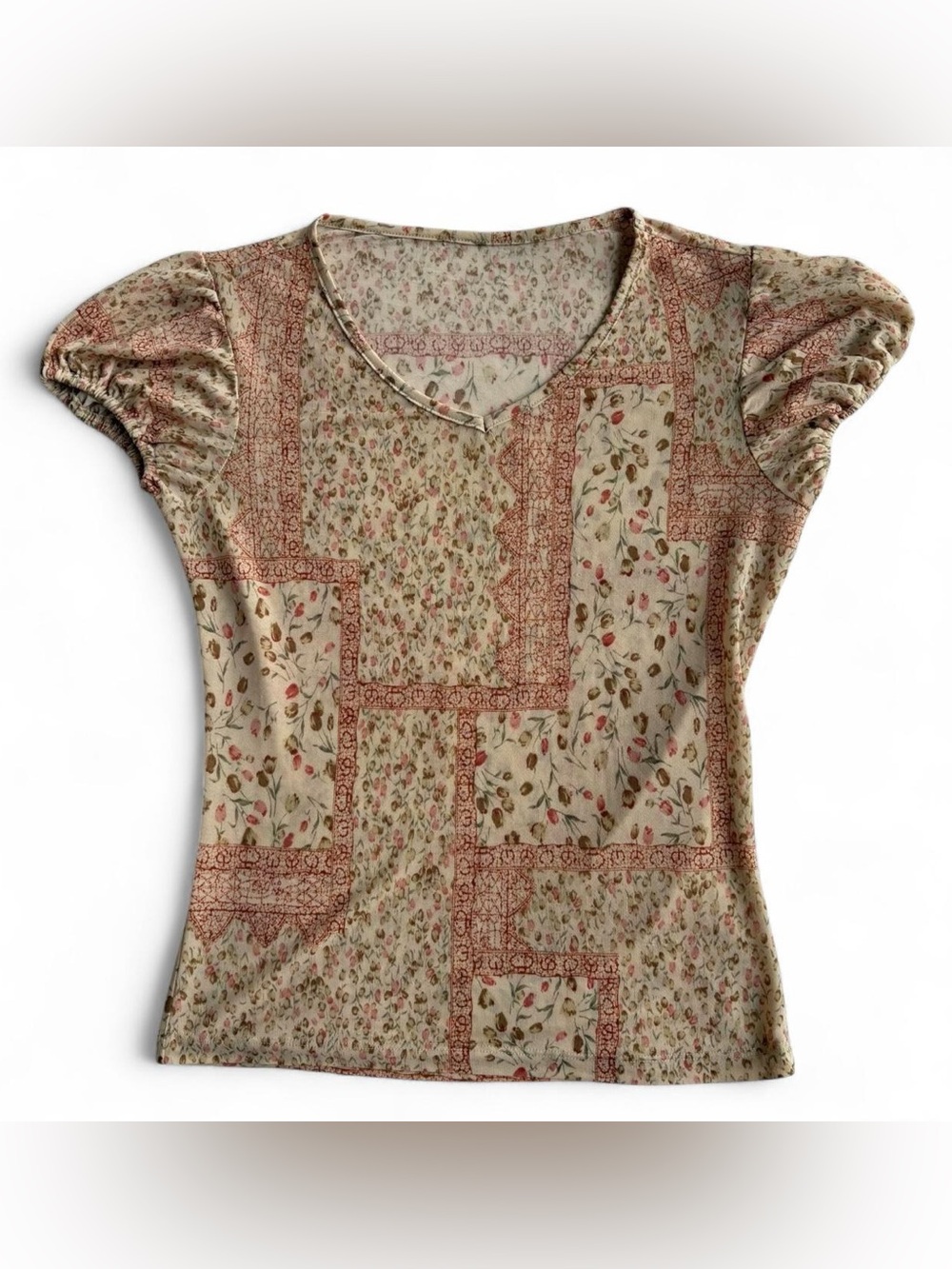 Mesh Floral Print Pink Tan Cap Sleeve Top